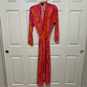 Natori Stretch Knit Pink Orange Water Color Tie Dye Full Length Robe Sz S FLAWS